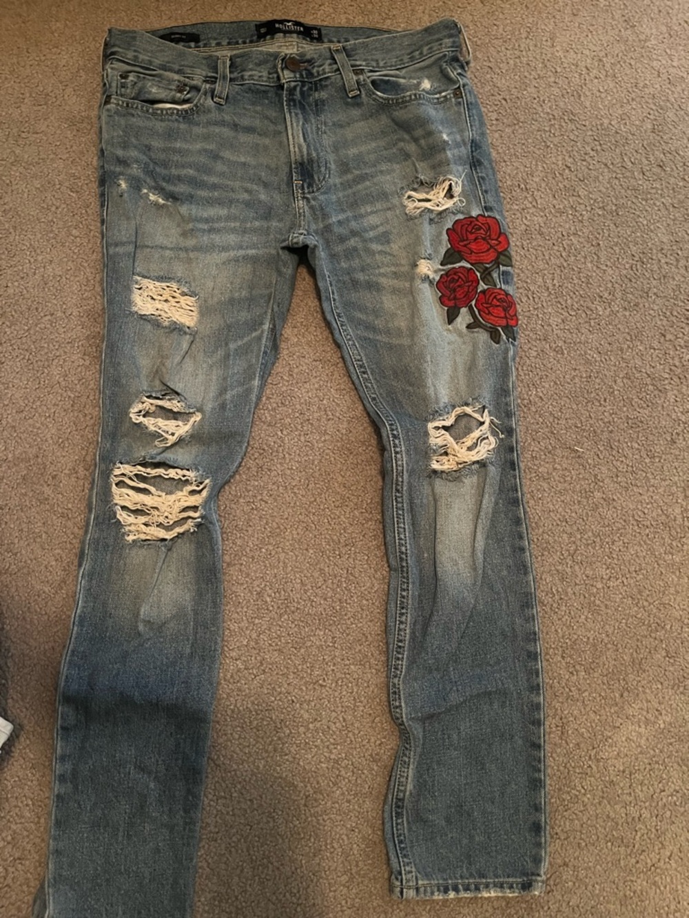 Hollister Distressed Straight Leg Jeans with Red Rose Patch